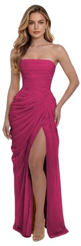 Vestido largo de gasa plisado con corsé sin tirantes para mujer, vestido largo de noche formal con abertura