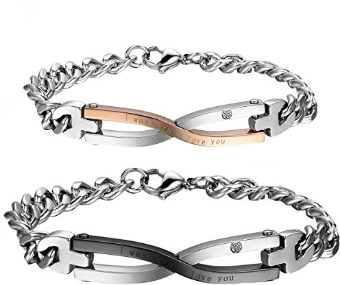 Cupimatch Coppia Lovers Braccialetto Bracciale Acciaio Inox Mosaico zircone Infinito I Was Born to Love You Argento Nero Oro(1 Coppia) Regalo Perfetto