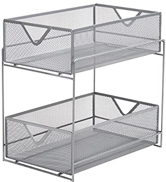 Mind Reader CABASK2T-SIL Network Collection Panier de rangement coulissant à 2 niveaux pour cuisine, bureau, maquillage, armoire, maille métallique, argenté