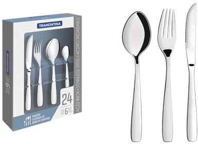 TRAMONTINA - Juego de Cubiertos Amazonas, en Acero Inoxidable y Terminación Brillante, Set con Cuchillos para Asado, Alta Durabilidad, Utensilios para Uso Diario, 24 Piezas