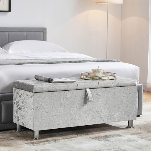 Vida Designs Pouf, Poggiapiedi, in Velluto Argentato, Valencia Ottoman, Fabric with Lid, Seat, Stool, Window Bench, Chest, Toy Storage Box, Pouf, Footstool, Silver Velvet, H 46 x L 102 x P 42 cm