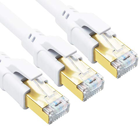 Yauhody Cable Ethernet 3 Metros Cat 8 (3 Piezas) 40Gbps 2000MHz F/FTP Alta Velocidad Cable de Red, Gigabit RJ45 Cable Lan para POE, PS5, X box, Router, TV, PC, Más rápido que Cat7 Cat6 (Blanco)