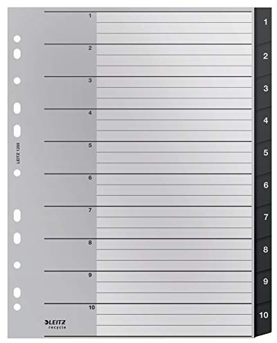 Leitz Índice Separador, Pestañas Numéricas 1, 12, A4, Extra Ancho, 80% Plástico Reciclado, Respetuoso con el Medio Ambiente, , Gama Recycle, Negro, 12080000