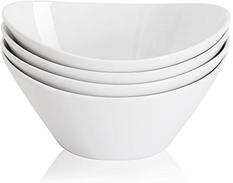 Buyajuju Porcelain Salad Bowls, 38 Ounce pasta bowls set of 4, 8 inch White serving bowls for cereal, soup, ramen, snacks, rice, Oven Dishwasher Safe