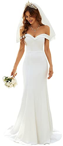 Ever-Pretty Robe de Soirée Sirène Longue Femme Épaules Dénudées Décolleté Coeur Simple Blanche 38