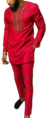 Vêtements pour Hommes Africains Ensemble 2 Pièces Dashiki Traditionnel Costume de Tenues Rouges Coupe Ajustée Chemise et Pantalon Manche Longue Survêtements Vêtements