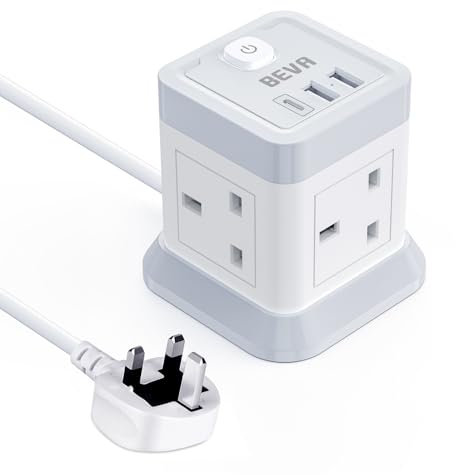 3M Extension Lead Cube With USB, BEVA 4 Gang Extension Socket With 3 USB Ports, Power Strip With Switch Multi Plug Extension with 3 Metre Long Cable For Home Office Travel
