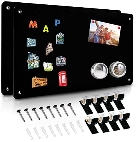 2Pack Black Magnetic Board,17.5 x 11.4 Magnet Bulletin Board to Display Magnetic Notes, Poetry, Photos, Suitable for Wall, Refrigerator, Cabinet etc, Come with 8 Pcs Dual Lock Tape and Screws
