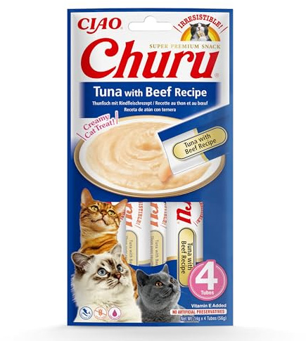 INABA Churu Snack per Gatti Cremoso con Tonno e Manzo - 1 Pack (4 Stick x 14gr) - Cibo per Gatti da Leccare, Sano e Delizioso - Snack Gatto Senza Conservanti o Coloranti Artificiali, Grain-Free