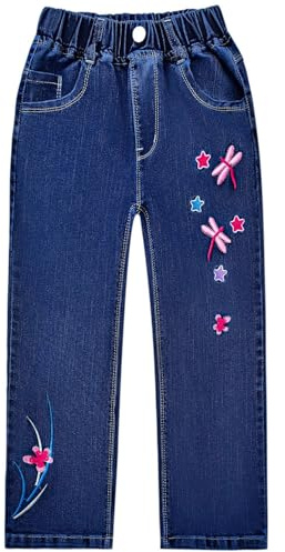 Peacolate 5-12 años Niñas Estiramiento Manga Larga Pantalones Vaqueros Rectos Azul Oscuro Libélula Pantalones Denim Bordado, Azul Oscuro - Libélula, 7-8 Años