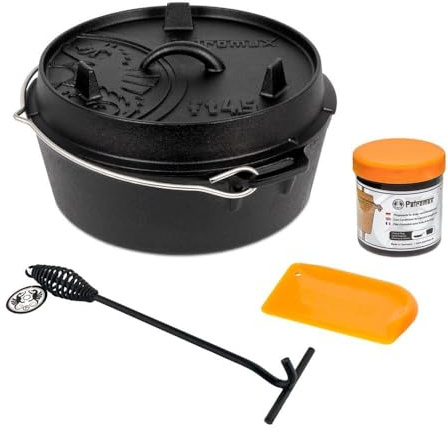 Petromax Feuertopf ft4,5-t Einsteiger-Set - Dutch Oven mit Standfüßen inklusive Deckelheber, Pflegepaste und Untersetzer - für alle Grillarten und offenes Feuer - 4 Liter