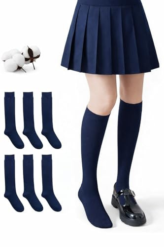 CYS Calcetines 6 Pares De Colegio Escolares Medias Largos Altos Algodón Hasta rodillas Lisos Para Niñas Niños Infantiles Uniformes Unisex (31-34, AZUL MARINO)