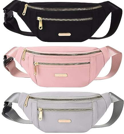 3 Stück Bauchtasche Damen Wasserdicht Hüfttasche für Outdoor Sport Mit Verstellbarem Gurt (Schwarz, Grau, Rosa)
