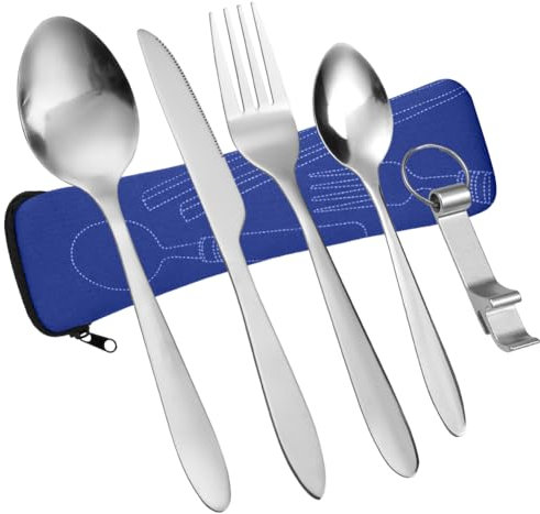 Vicloon Set di Posate con Custodia Portatile, 5 Pezzi in Acciaio Inossidabile con Apribottiglie, da Viaggio Coltello Forchetta Cucchiaio per Campeggio Picnic Scuola Pranzo (Blu Navy)