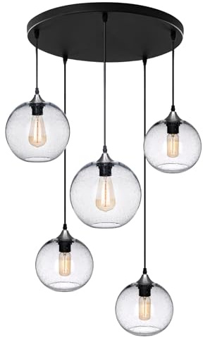 ARIAMOTION Glass Cluster Chandelier 5-Lights Pendant Lights Modern Rustic Seeded Bubbles Globe Ceiling Hanging Fixtures Entryway Hallway Dining Living Room Stair Group Lamp 7-9 Inch Diam