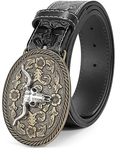 BELTROAD Cintura con fibbia in pelle occidentale per uomo donna cowboy cowgirl cintura in pelle per jeans cintura da uomo di Natale regali, 02-nero (fibbia Bullhead argento), for Wasit 47-50