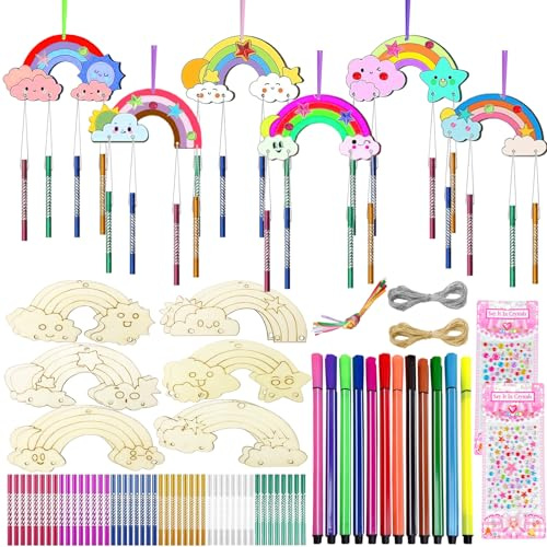 PIWOSGOL Kits Bricolage 12 Pcs Arc en Ciel Carillon à Vent en Bois, carillons éoliens pour enfants,Bricolage Carillon à Vent, Arc-en-ciel Artisanat en Bois à Peindre,Enfants Cadeau Fête Anniversaire