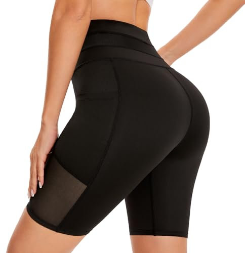 SIMIYA Radlerhose Damen Kurz Sporthose Leggings Kurz Damen High Waist Atmungsaktive Sport Shorts mit Tasche für Gym, Jogging, Fitness im Sommer（Schwarz，XL）