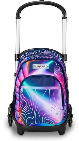 Seven Flex Schulranzen mit Trolley-Funktion, Rucksack mit Rollen, zum Ziehen, für Schule Sport Freizeit, ab 1. Klasse, 3 in 1, mit Trinkflaschenfach, für Kinder, rosa-blau