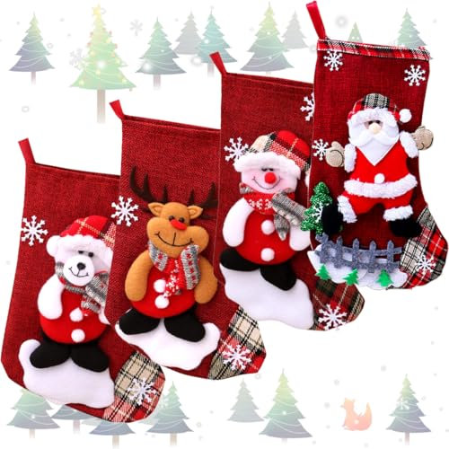 Nikolausstrumpf Kinder 4er Set, Weihnachten Geschenktasche Personalisierte Xmas Socken, Rot Nikolausstiefel zum Befüllen Weihnachtsstrümpfe Weihnachtsdeko, für Feiertags,Familienparty,Dekor,Geschenk