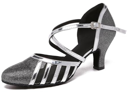 MINITOO Women's Latin Salsa T-Strap Closed Toe Synthetic Ballroom Dance Shoes Evening Wedding Pumps L2044 Black 6cm Heel UK 5