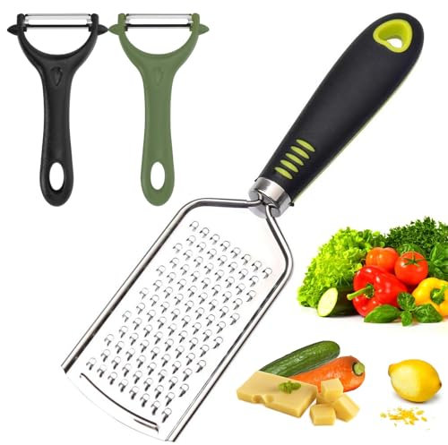 1 Stück Mini Reibe mit 2 Stück Sparschäler, Zitronenreibe, Feine Käsereibe&Kartoffelschäler -Spülmaschinengeeignet inkl, Edelstahl Gemüseschäler Handreibe für Kartoffeln Zucchini Karotten Äpfel Kohl