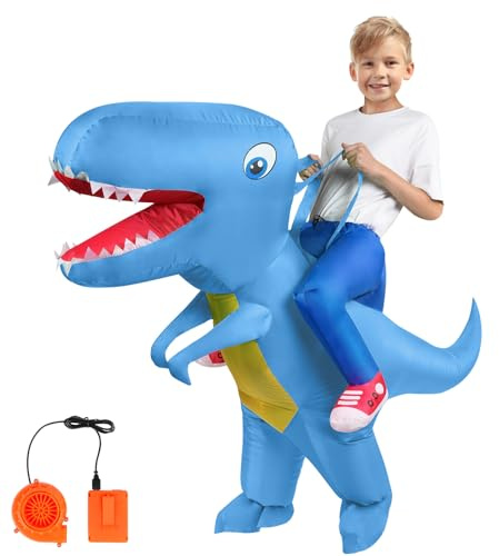 AOOWU Disfraz Dinosaurio Niño Hinchable, Disfraz Hinchable Niño con Sistema Inflable, Disfraces de Halloween para Niños y Niñas para Cosplay Cumpleaños Fiesta de Orgía, Azul Lago