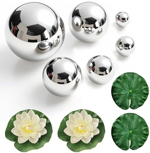 SHOWHEEL Lot de 6 Boules décoratives, Boules flottantes, Boules de Jardin, Argent, Acier Inoxydable avec 4 Feuilles de Lotus flottantes, Fleurs flottantes, pour Mini Bassin