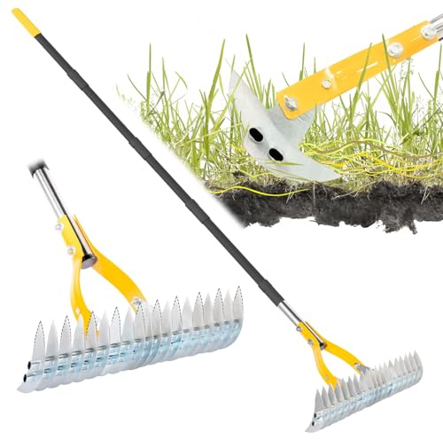 BlumeTrec Thatch Rake for Lawn, 38cm Adjustable Head Weed Tool, Dethatcher Rake to Cleaning Dead Grass with 188cm Adjustable Handle, Steel Metal Thatching Rake for Grass, Garden, Yard