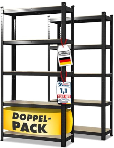 casa Pura Set di 2 Scaffale per carichi Pesanti, 30x75x150 cm, con Struttura in Acciaio, Portata Fino a 650 kg, 5 Ripiani Regolabili, Colore: Nero