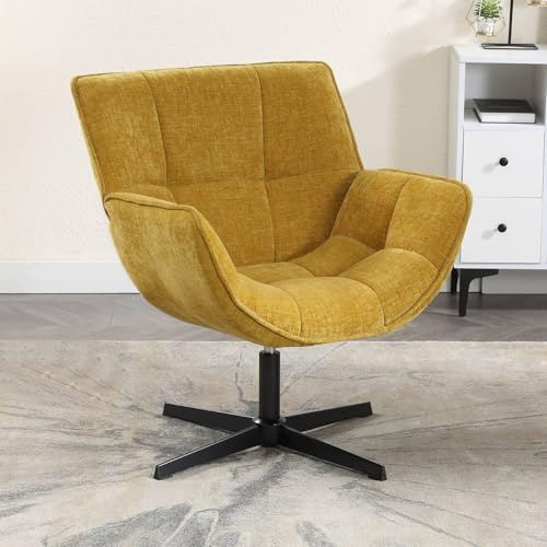 Ya-Home Fauteuil de Salon Pivotant pour Chambre/Salon Chaise à Coussin Chenille et Pied Rotatif, Fauteuil 1 Place Confortable pour Lecture, Jaune