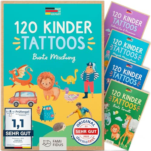 Famifidus 120 barntatueringar hudvänliga och dermatologiskt mycket bra | Barntatueringarna är tillverkade i Tyskland, hållbara och lätta att ta bort. Tatueringar som present till flickor och pojkar.