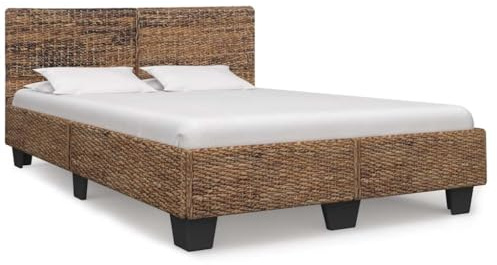 QJBSAVVA Rattan Double Bed Frame 160x200 cm Natural Mahogany Wood & Mango Solid Construction with Woven Headboard 210 x 170 x 78 cm Robust & Easy Assembly for Bedroom Guest Room