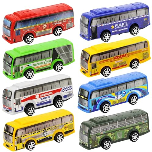Bodeshis 8 Pull-Back Toy Bus Set, Die-Cast Model Bus for Collectors | 8-Piece Set, Realistic Decals And Bright Colours, Suitable For Birthday Party Themes And Holiday Gift Giving