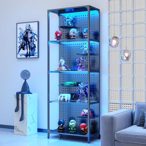 Feonase 5 Tier Glass Display Shelf with APP Control LED Lights,Tall Display Cabinet with Adjustable Pegboard,Metal Frame Storage Rack for Living Room,Bedroom,Office,Home Decor