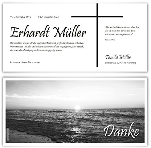 30 x Trauer Dankeskarten Danksagung Danksagungskarten Trauerkarten individuell - Schwarz-Weiß Sonnenaufgang