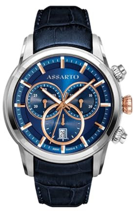 ASSARTO® - Herren Uhr (Blau) 316L Edelstahl Gehäuse & Leder-Armband - Schweizer Quarzwerk - Männer Chronograph Herrenuhr & Armbanduhr (Timekeeper Collection) analog, wasserdicht - Watch Men