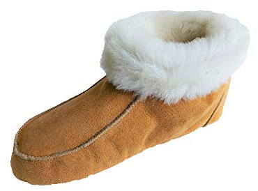 Naturasan Lammpäls hattar skor tofflor/mokassin med lädersula/fluffigt mjuk, fodrad med varmt fårskinn HS-01, - Cognac-vit - 41 EU Schmal