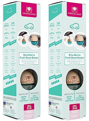 CRISTALINAS | Pack 2 Ambientadores Esfera para Coche| Aroma a Brisa Marina | 100% Puro | Absorbe los Malos Olores de tu Vehículo con un agradable Aroma | Larga Duración 8 Semanas | 6 ml | 0% Alcohol
