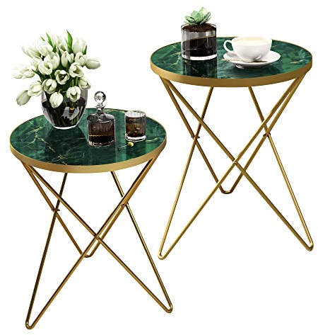 HLR Modern Round Side Table Set of 2, End Table with Marble Effect Top and Gold Metal Frame, Small Side Table for Living Room, Bedroom, Sofa and Couch, Gold Legs, Green Marble top