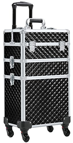 Yaheetech 3-in-1 Kosmetikkoffer, Abschließbarer Schminkkoffer, Make-up Koffer für Reisen, Großer Trolley Multikoffer, Friseurkoffer mit Universalrollen, Schwarz