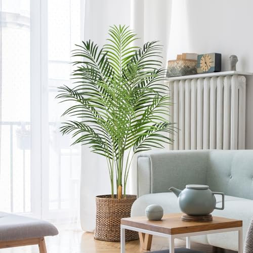 Keeplush 150CM Artificial Palm Tree Indoor Plant Tall Fake Tropical Paradise Palm Tree in Pot with Real Bark Design Faux Areca Palm Tree for Home Office Living Room Bedroom Farmhouse Modern Decor 1pcs
