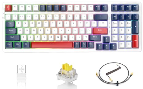 ATTACK SHARK K98 100 Tasti Tastiera da Gioco Meccanica Bianca Blu Sostituibile a Caldo, BT5.0/2.4G/USB C a Spirale, Batteria da 3000 mAh,Illuminazione RGB Programmabile,Interruttore a Banana