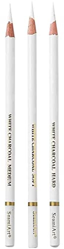 Lápices blancos, 3 unidades lápiz blanco carbón lápiz profesional para bocetos para resaltar el dibujo artístico herramienta pluma de dibujo no tóxico para suministros artísticos suave/medio/duro
