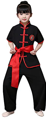 Kids Kung Fu Clothing Traditional Tai Chi Uniforms for Boys Girls Chinese Martial Art Wing Chun Long Sleeve Tang Suit (US, Alpha, X-Large, Regular, Black Short)