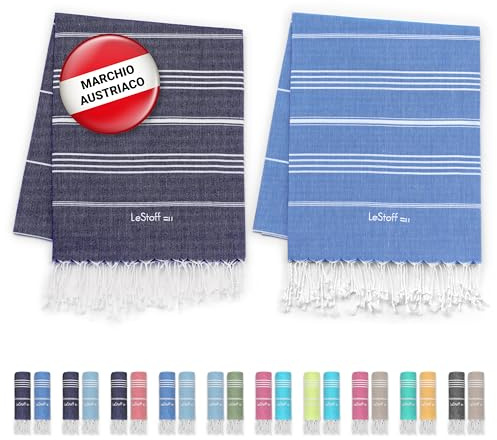 LeStoff Set di 2 asciugamani per hammam, 95 x 180 cm, 100% cotone biologico, prelavati, sostenibili, assorbenti e ad asciugatura rapida, da viaggio, da campeggio, da sauna, telo mare (blu navy + cielo