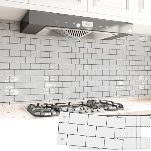 Art3d Paquete de 20 azulejos de cocina para despegar y pegar, vinilo adhesivo en el metro para baño, lavandería, caravana, estufa, 30x15x0,1 cm, blanco con lechada negra