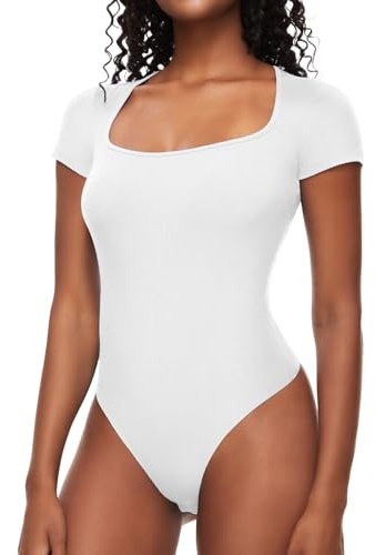 COMFREE Body à Femme Manches Courte Élégant Col Carré Bodysuit Square Neck Jumpsuit Tops Slim Fit T-shirt Top Blanc XL
