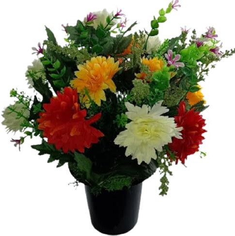 Memorial Grave Crem Pot Artificial Arrangement Yellow Coral Cream Chrysanthemum with Moss for Graveside Cemetery Crematorium Gift for Birthday Mother's Day