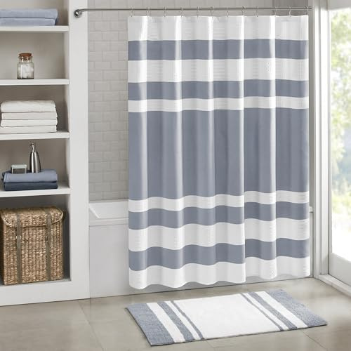 Madison Park Spa våffelduschdraperi i stycke tyg med 3M Scotchgard fukthantering, premium spa-kvalitet moderna duschdraperier för badrum, standard 182 x 182, indigoblå